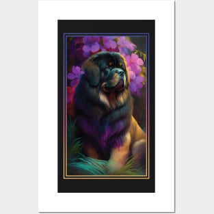 Tibetan Mastiff Dog Vibrant Tropical Flower Tall Digital Oil Painting Portrait Posters and Art